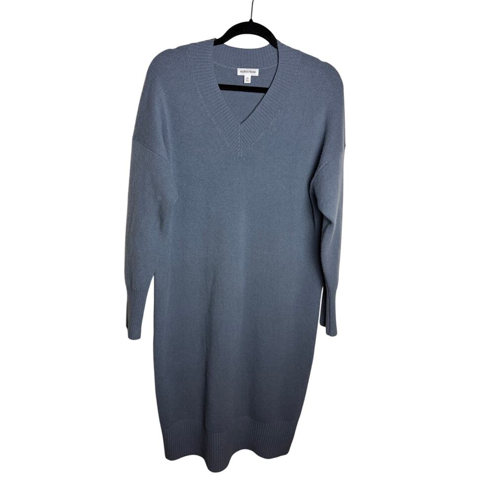 Nordstrom Wool Cashmere Blend Blue V-Neck Sweater Dress XS Oversized